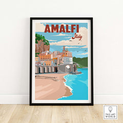 Amalfi Coast Italy vintage poster wall art featuring coastal scenery and colorful buildings.