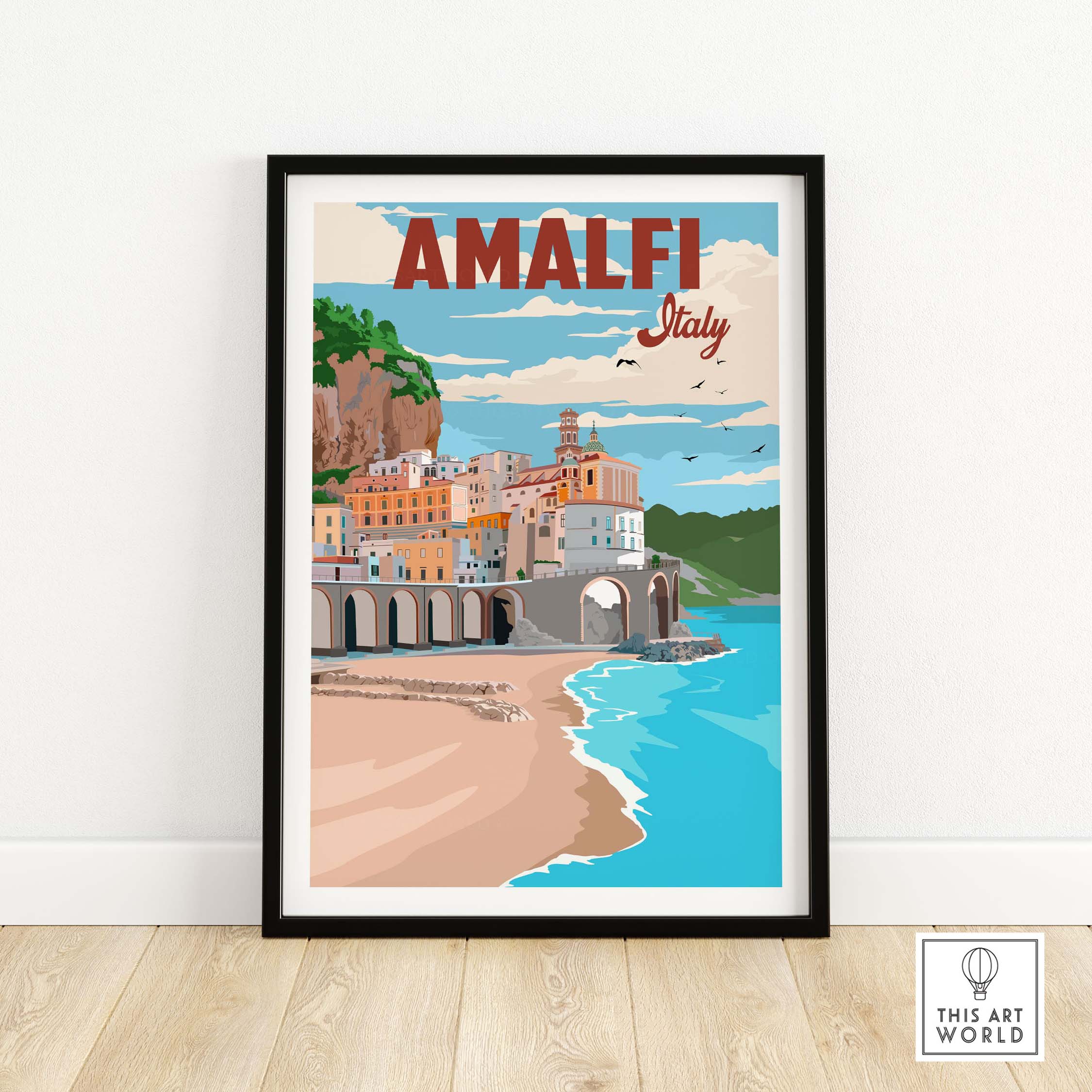 Amalfi Coast Italy vintage poster wall art featuring coastal scenery and colorful buildings.