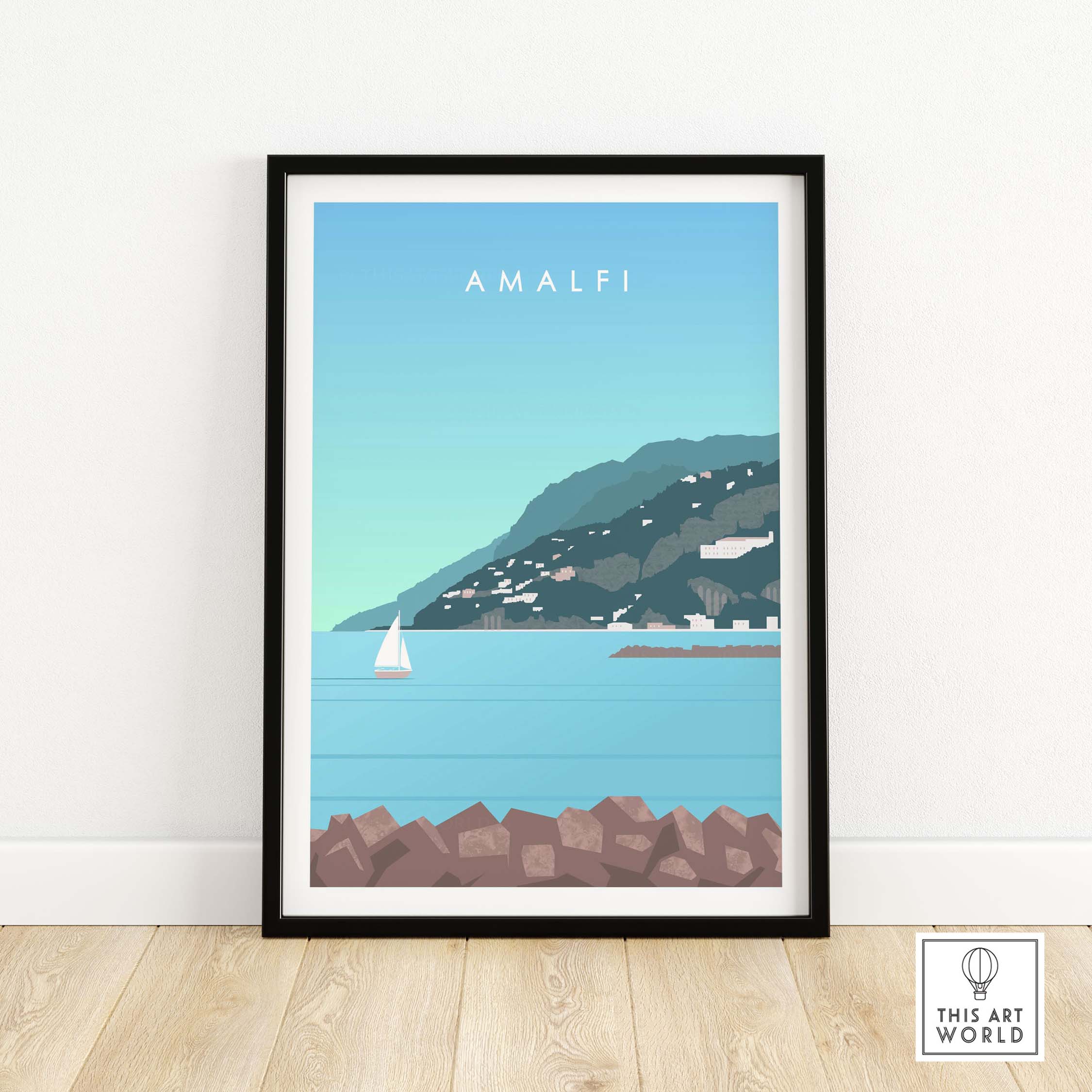 Amalfi Coast Italy print featuring a serene sea view with sailboat and mountains in vintage style.