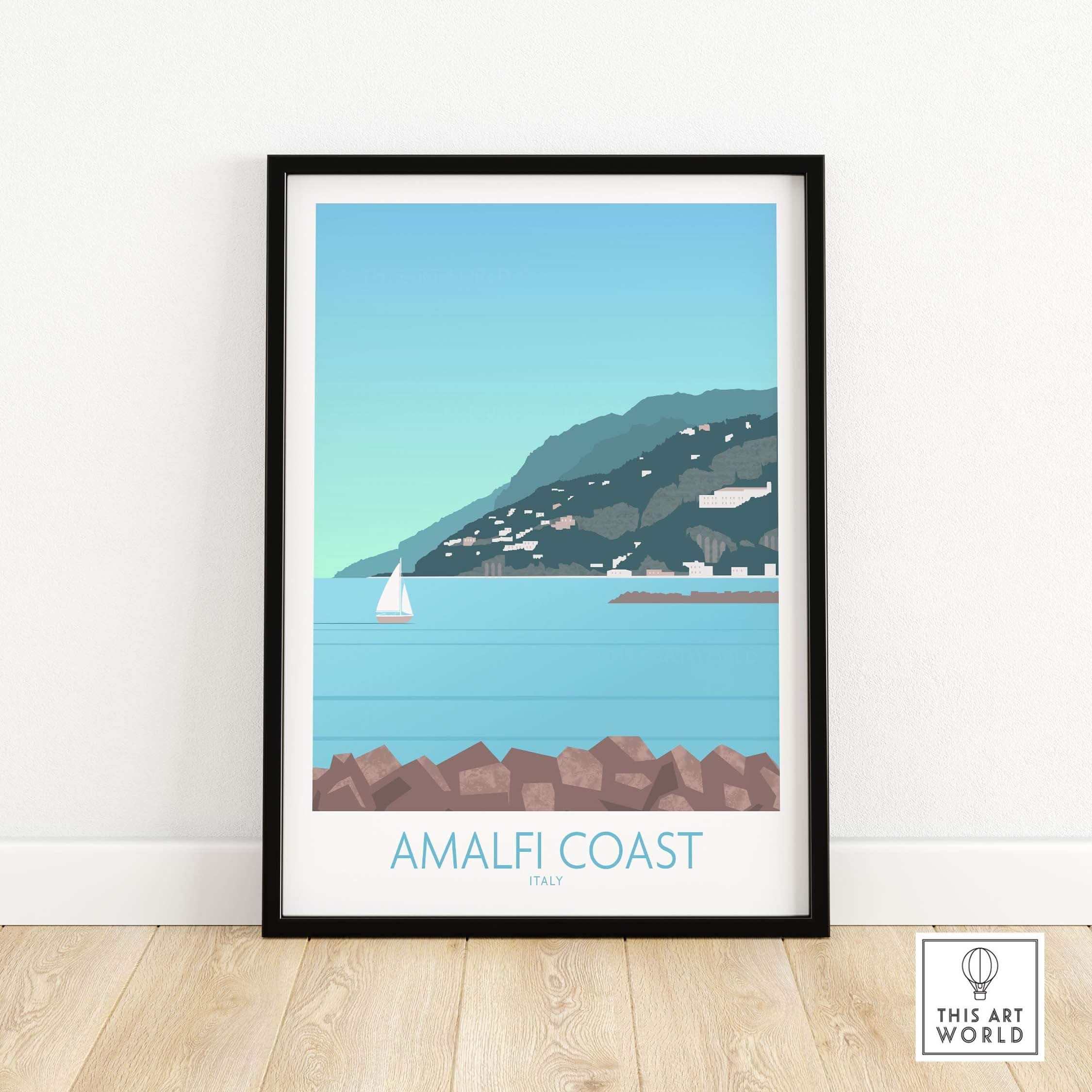 Framed Amalfi Coast print showcasing a serene coastal view with a sailboat, inspired by vintage travel art.