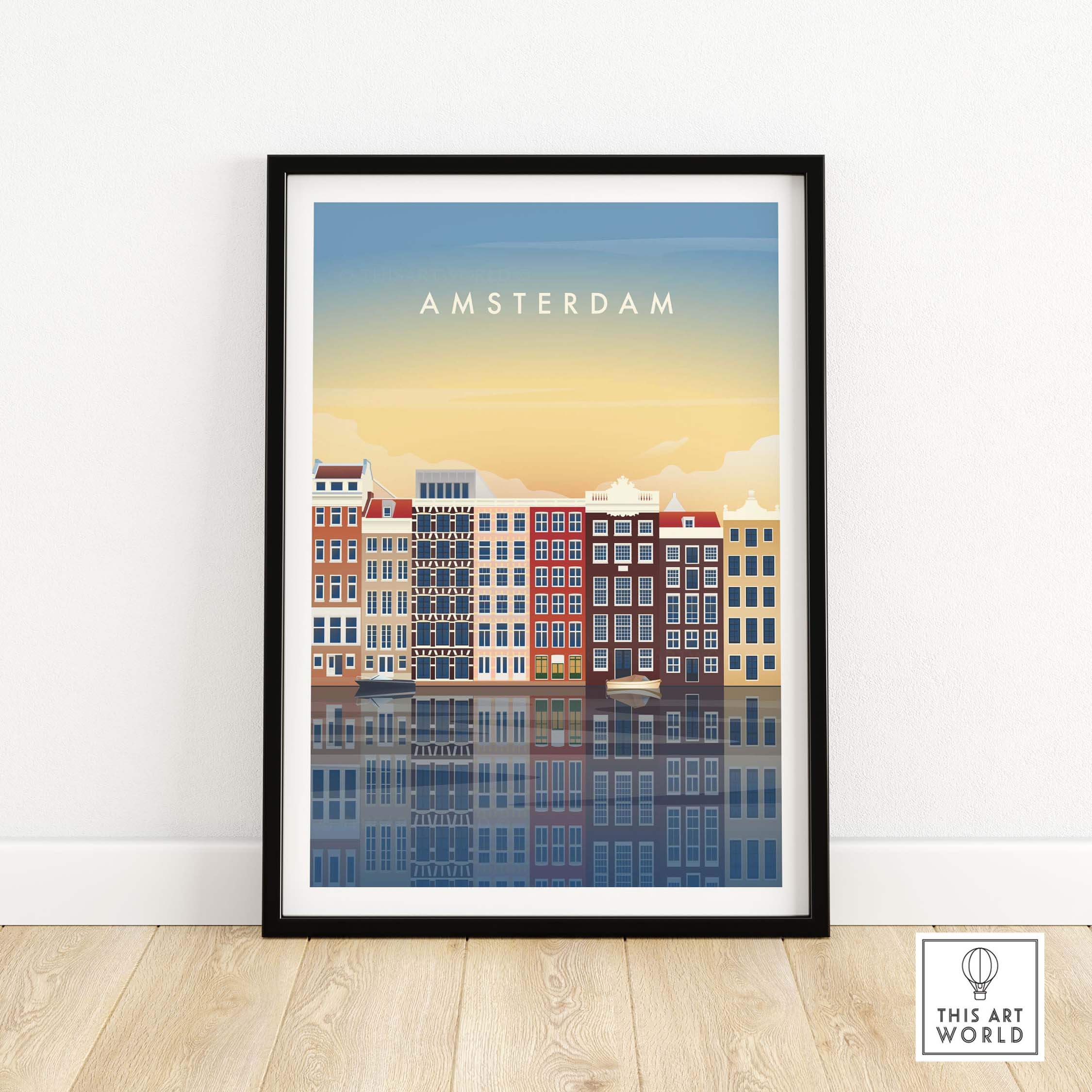 Amsterdam Wall Art Poster Print showcasing colorful buildings and reflections, perfect for home or office decor.
