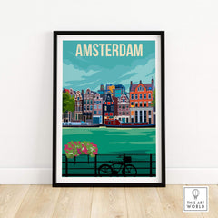 Amsterdam vintage print poster showcasing colorful canal houses and bike by the water, ideal for wall art decor.
