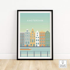 Amsterdam Print Wall Art Poster showcasing vintage canal houses in a stylish frame for home or office decor.