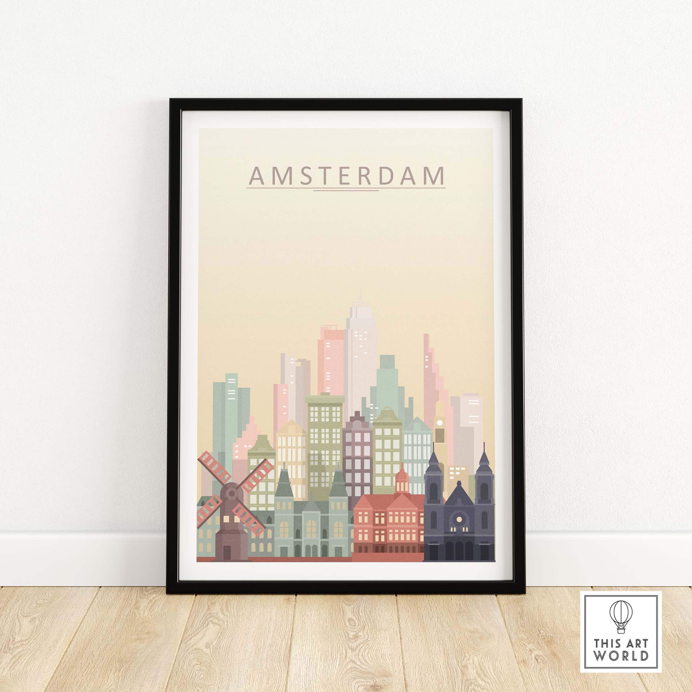 Amsterdam skyline print showcasing iconic buildings, bridges, and windmills in warm pastel tones.