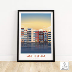 Amsterdam wall art print featuring colorful buildings reflecting in water, captured in a vintage travel poster style.