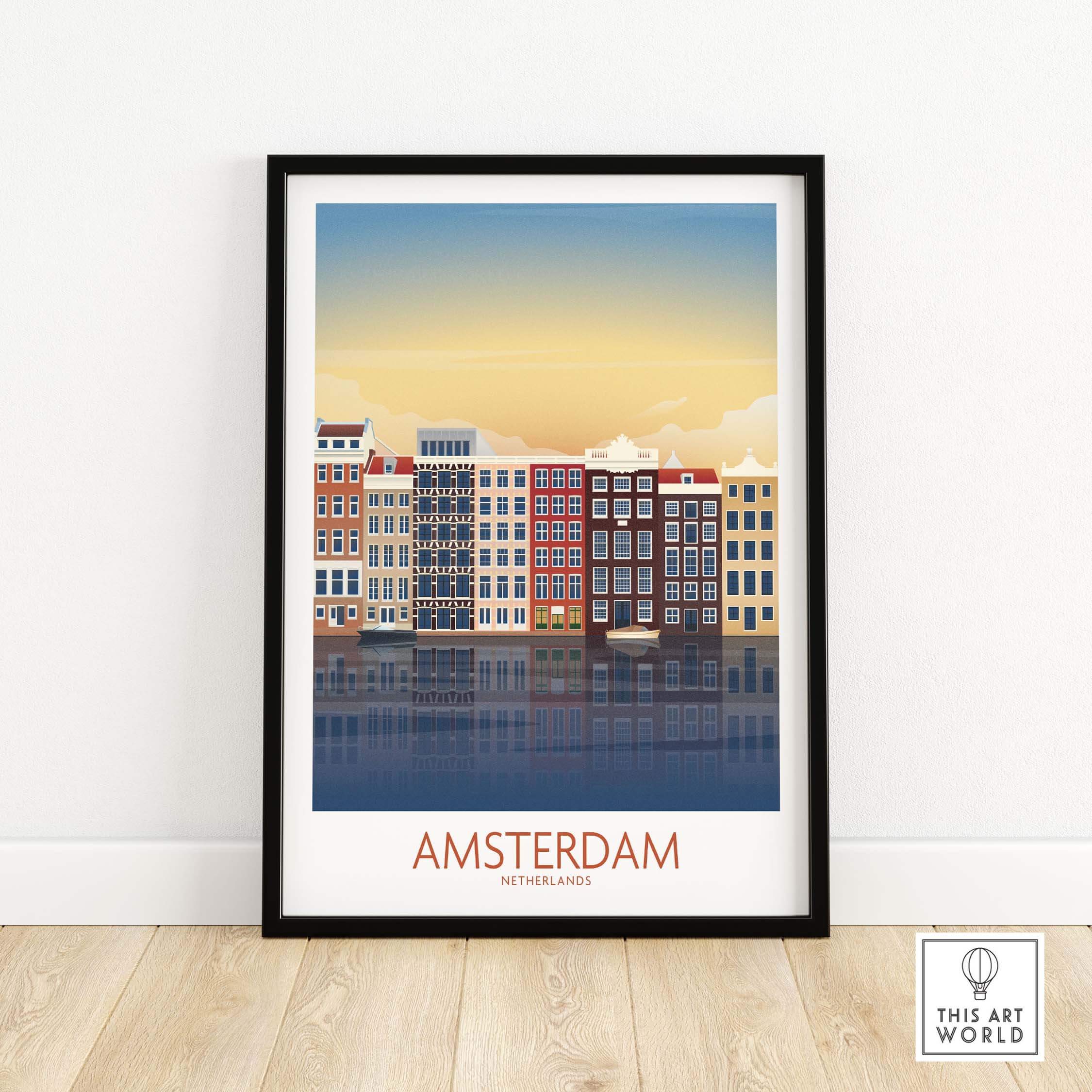 Amsterdam wall art print featuring colorful buildings reflecting in water, captured in a vintage travel poster style.