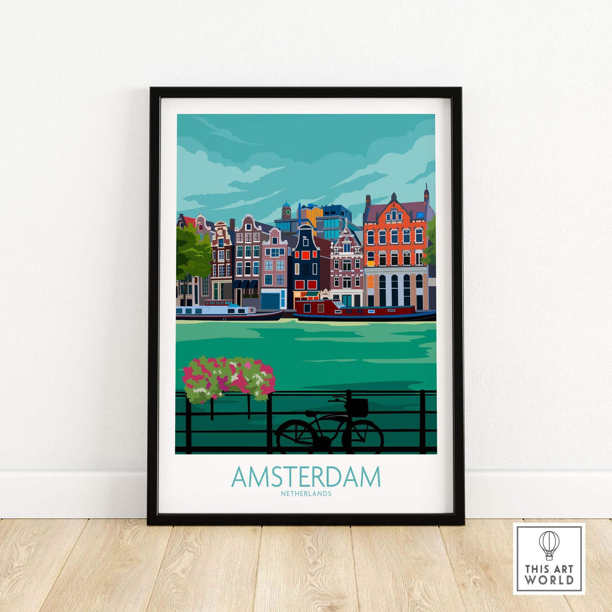 Stylish Amsterdam Poster Print featuring vibrant canal houses and a bike, perfect for home or office decor.