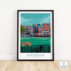 Stylish Amsterdam Poster Print featuring vibrant canal houses and a bike, perfect for home or office decor.