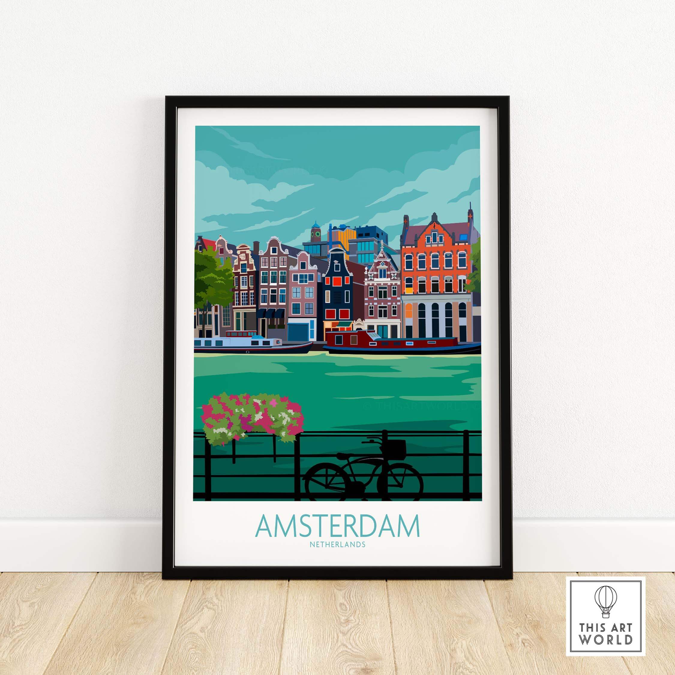 Stylish Amsterdam Poster Print featuring vibrant canal houses and a bike, perfect for home or office decor.