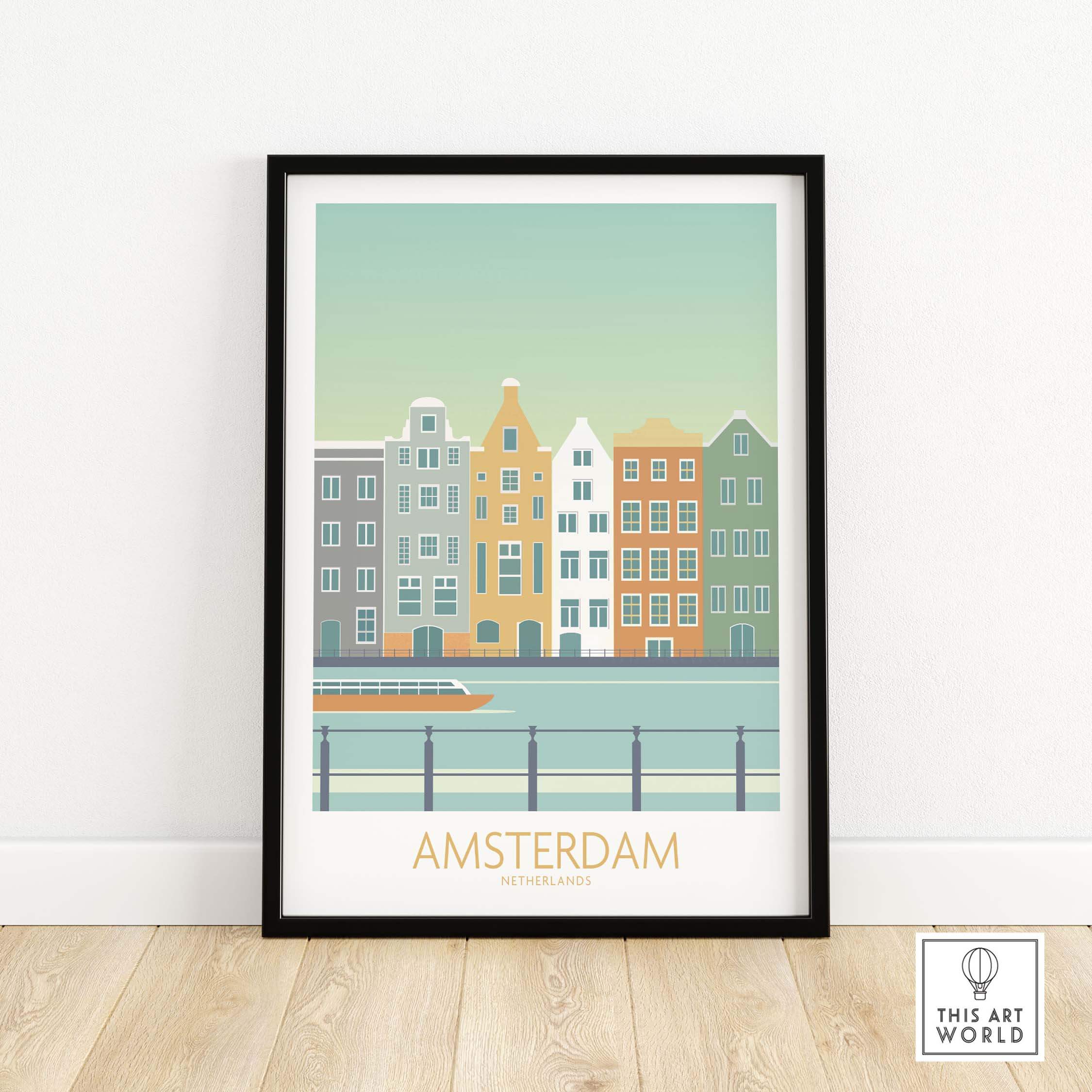 Amsterdam Print artwork framed on a wall, featuring colorful buildings and a canal, showcasing modern travel art.