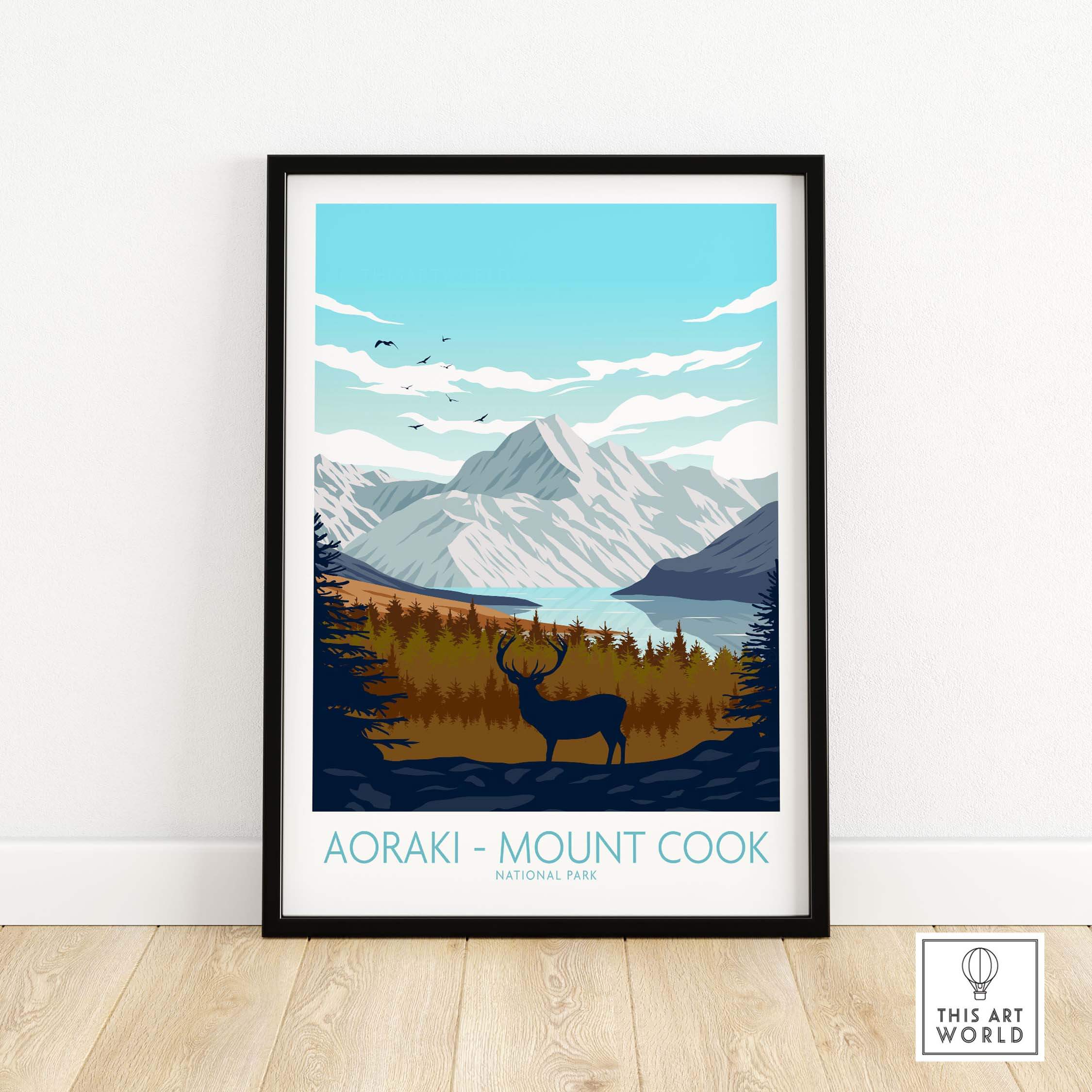 Stylish Mount Cook Aoraki poster featuring mountains, lake, and deer in a vintage travel art style.