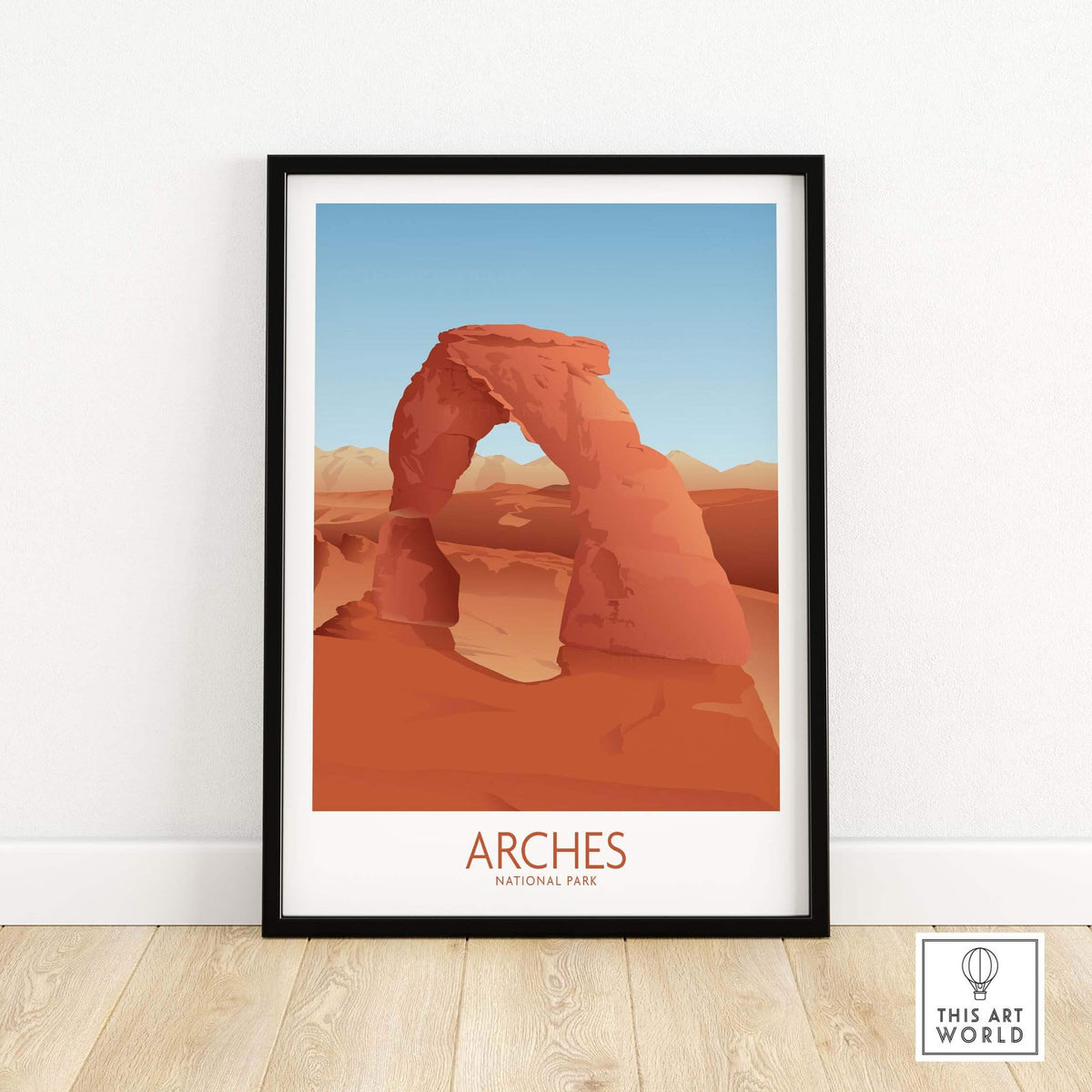 Framed Arches National Park art print in minimalist style, featuring iconic rock formation and vibrant colors.