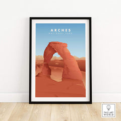 Framed Arches National Park art print showcasing iconic rock formations with a minimalist design.