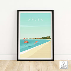 Minimalist Aruba wall art print featuring flamingos on a beach, perfect for travel lovers and home decor.