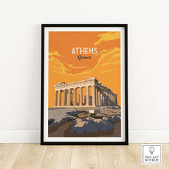 Athens Print Greece Poster featuring the Parthenon against a vibrant orange sky, perfect for travel-inspired decor.