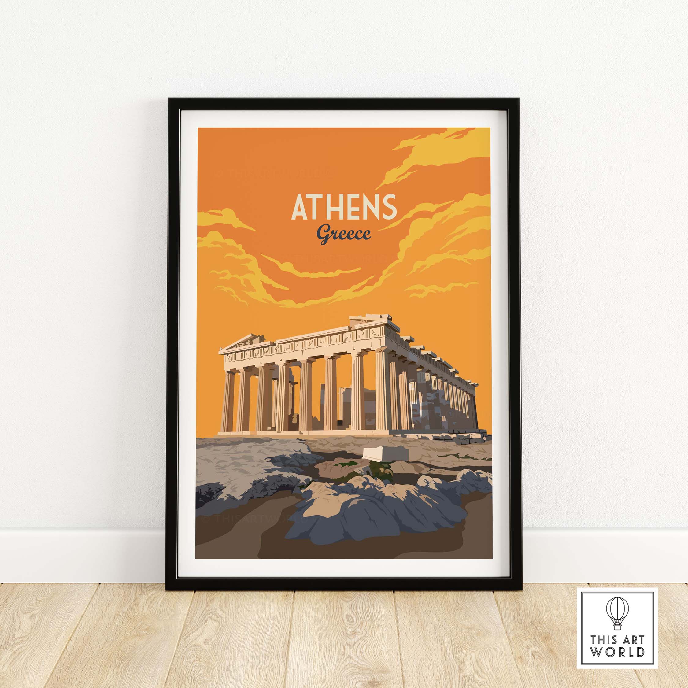 Athens Print Greece Poster featuring the Parthenon against a vibrant orange sky, perfect for travel-inspired decor.