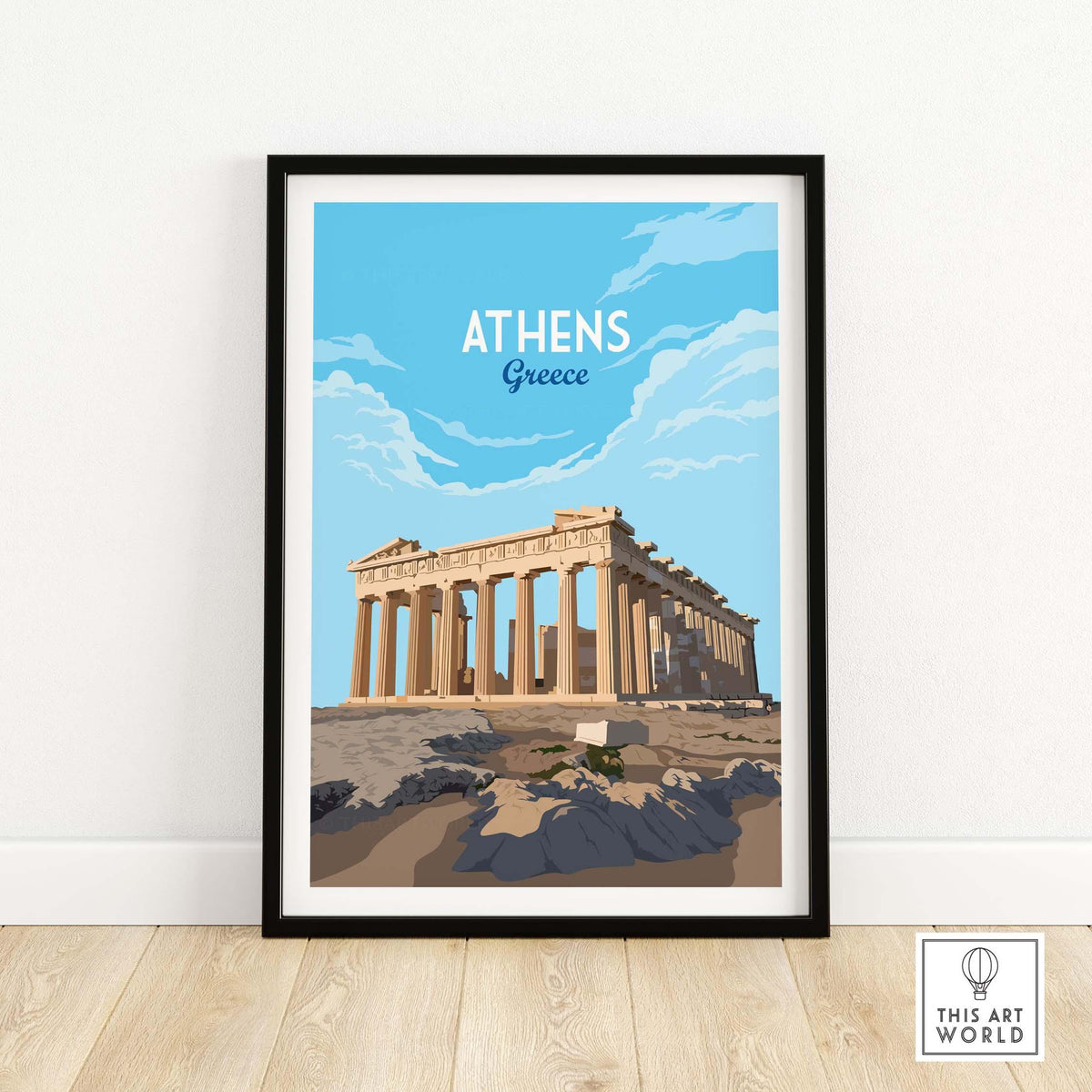 Minimalist Athens Greece art print featuring the Parthenon against a blue sky background.