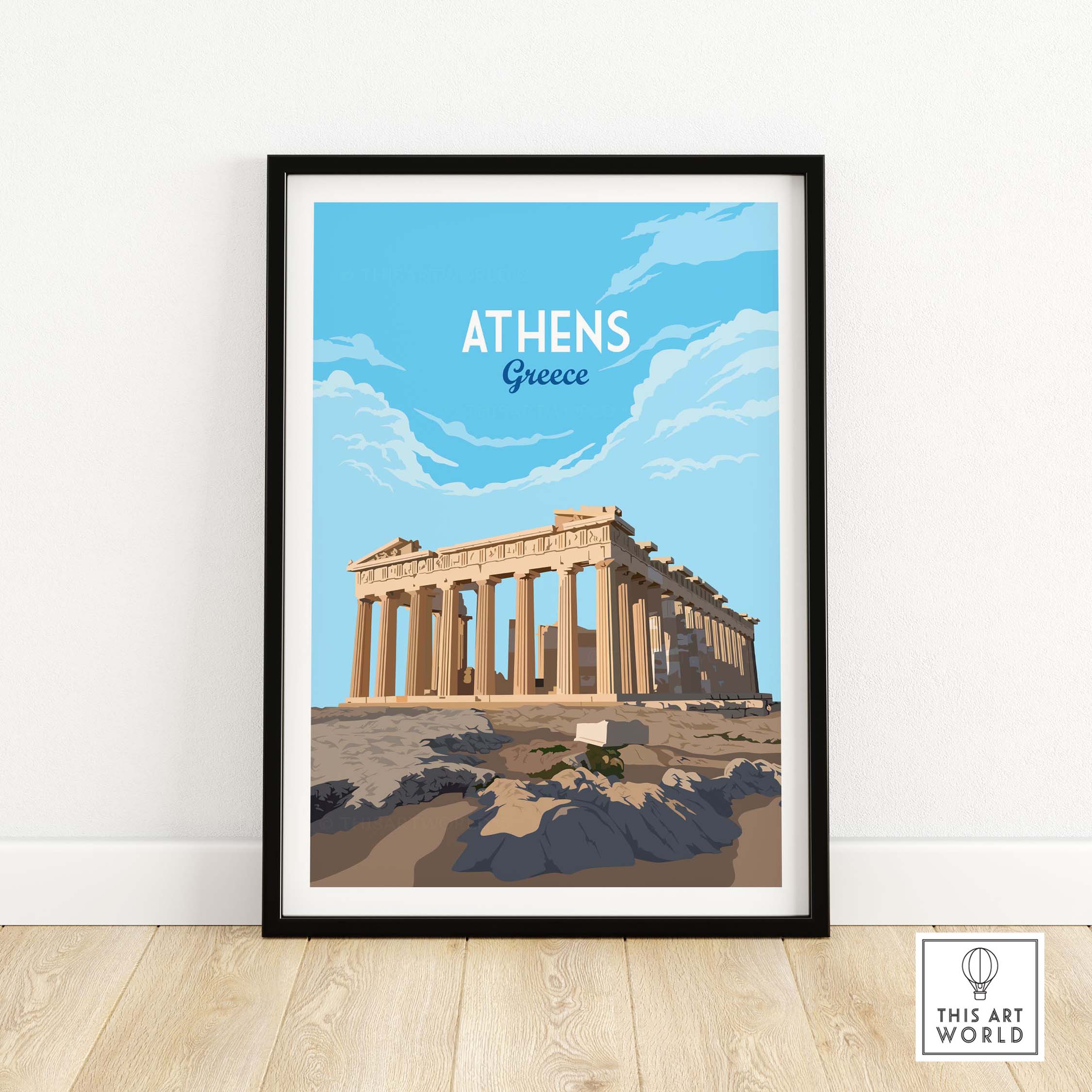 Minimalist Athens Greece art print featuring the Parthenon against a blue sky background.