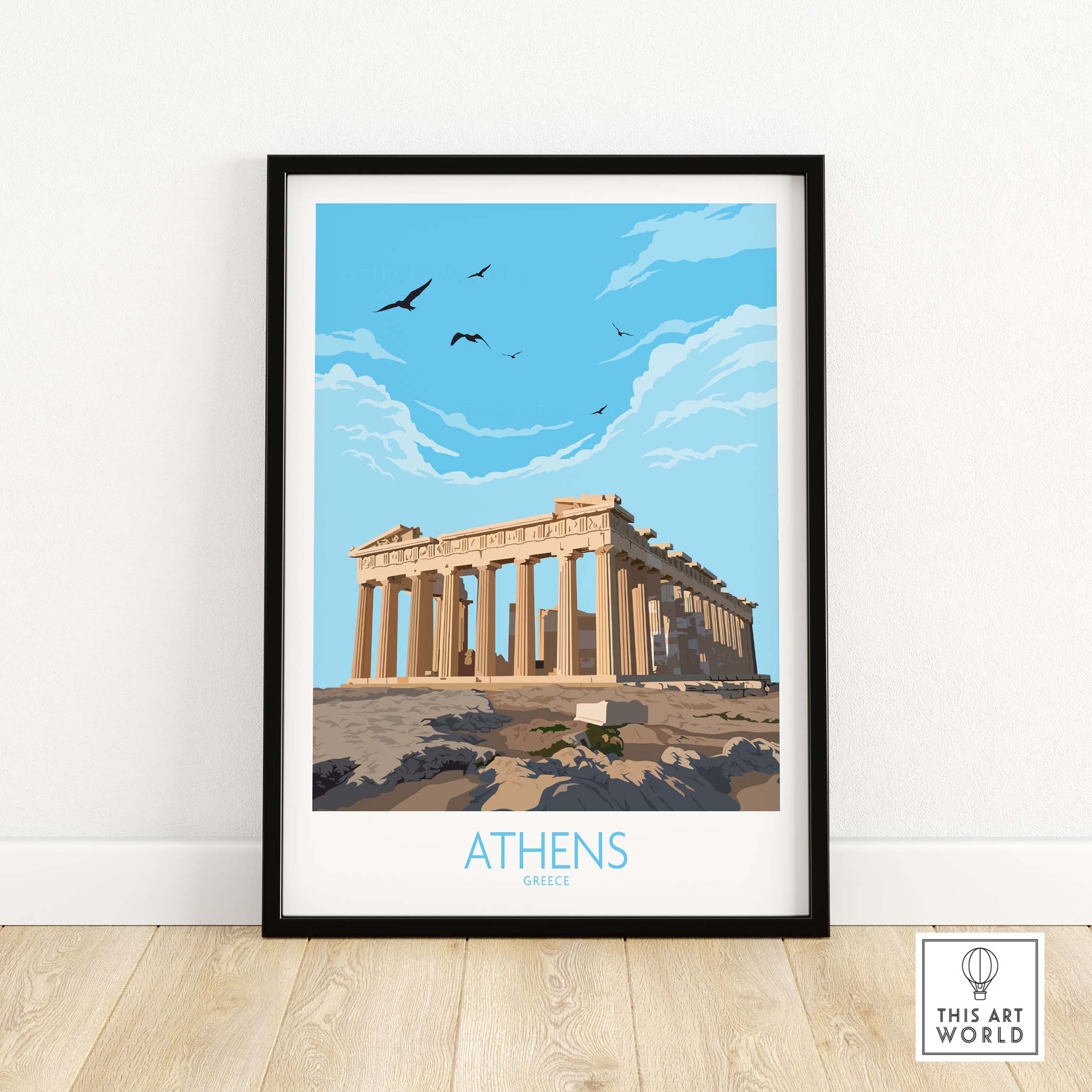 Athens Greece wall art poster featuring the Parthenon in a minimalist vintage style, framed and perfect for home decor.