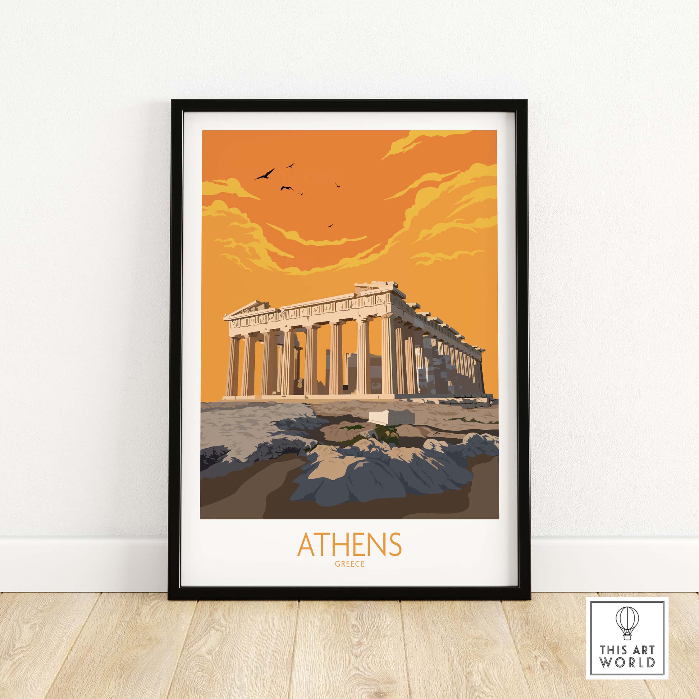 Framed Athens travel poster featuring the Parthenon in vibrant orange tones, perfect for home or office decor.