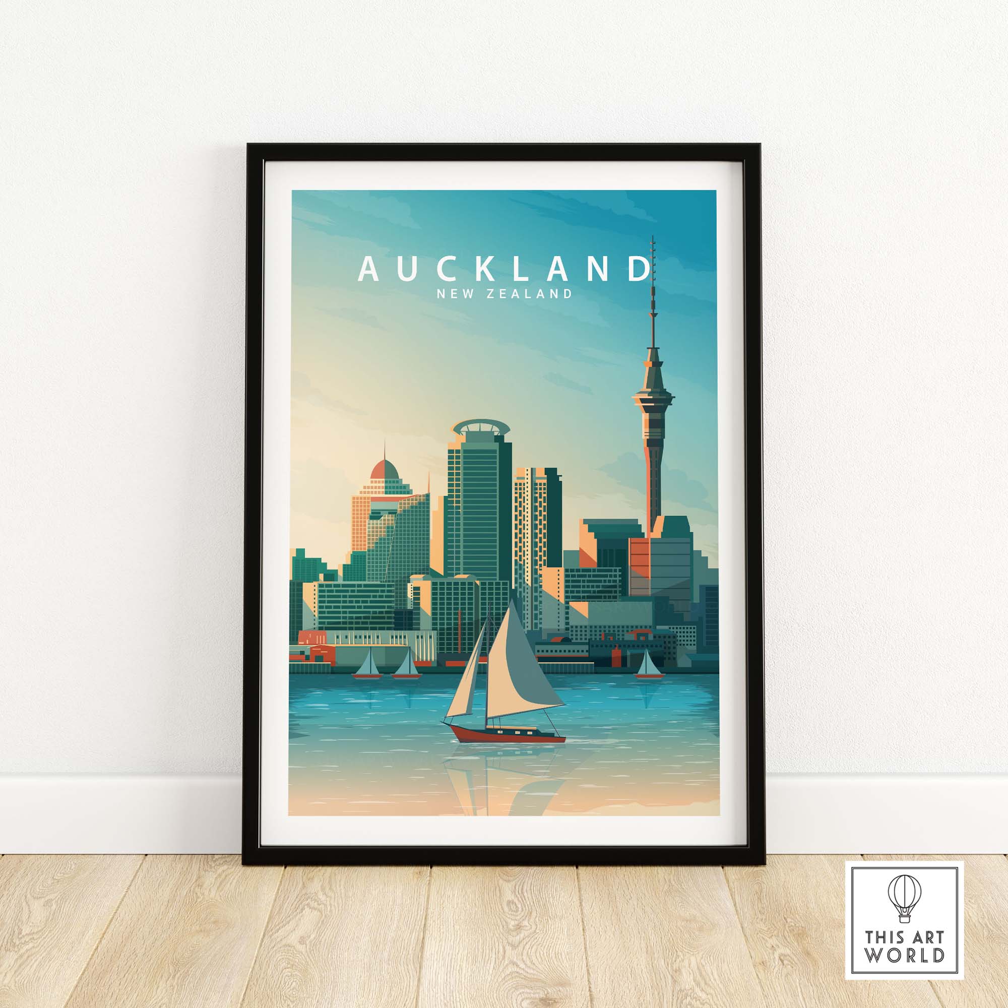 Auckland travel poster print featuring skyline and sailboat, showcasing minimalist vintage art style.