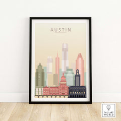 Austin Texas skyline wall art print in pastel colors, framed, featuring iconic city buildings.