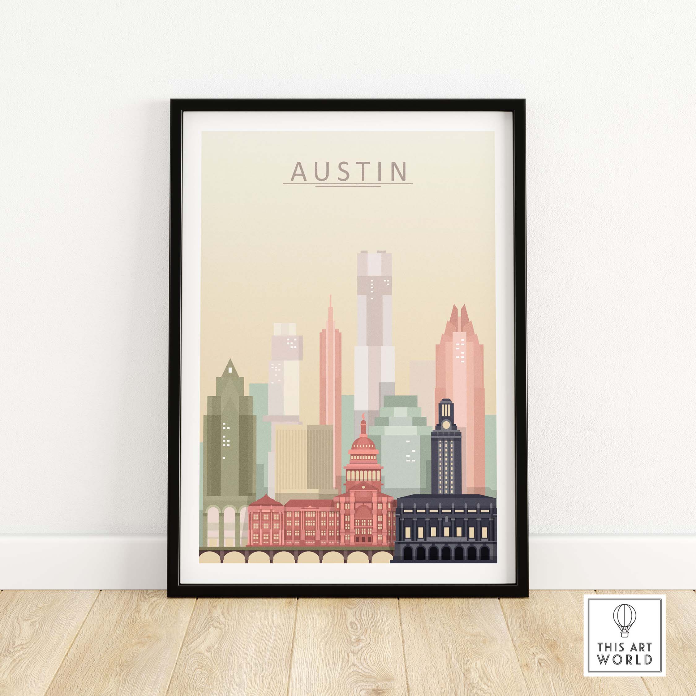 Austin Texas skyline wall art print in pastel colors, framed, featuring iconic city buildings.