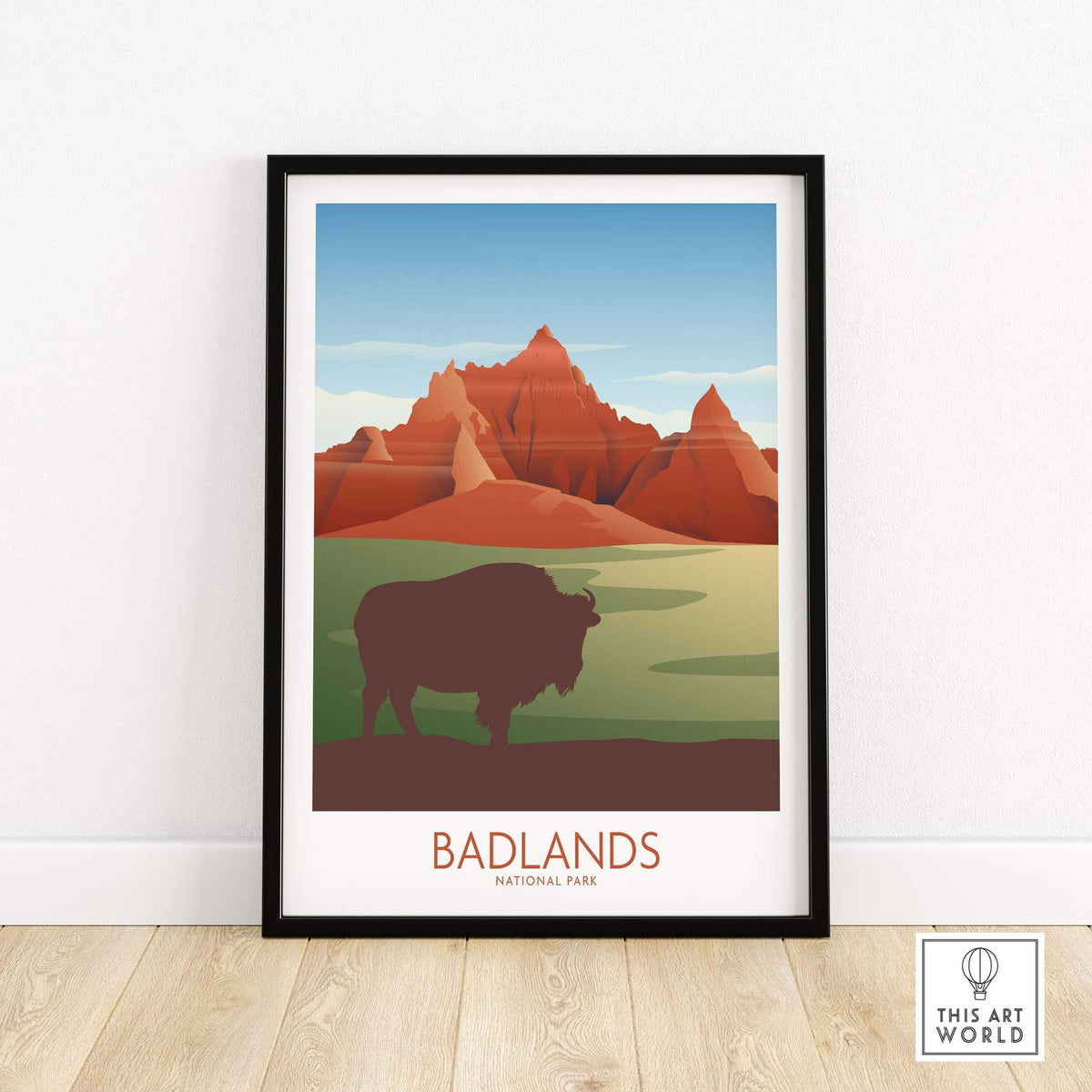 Badlands National Park art print featuring a bison silhouette and colorful mountain landscape in a minimalist style.