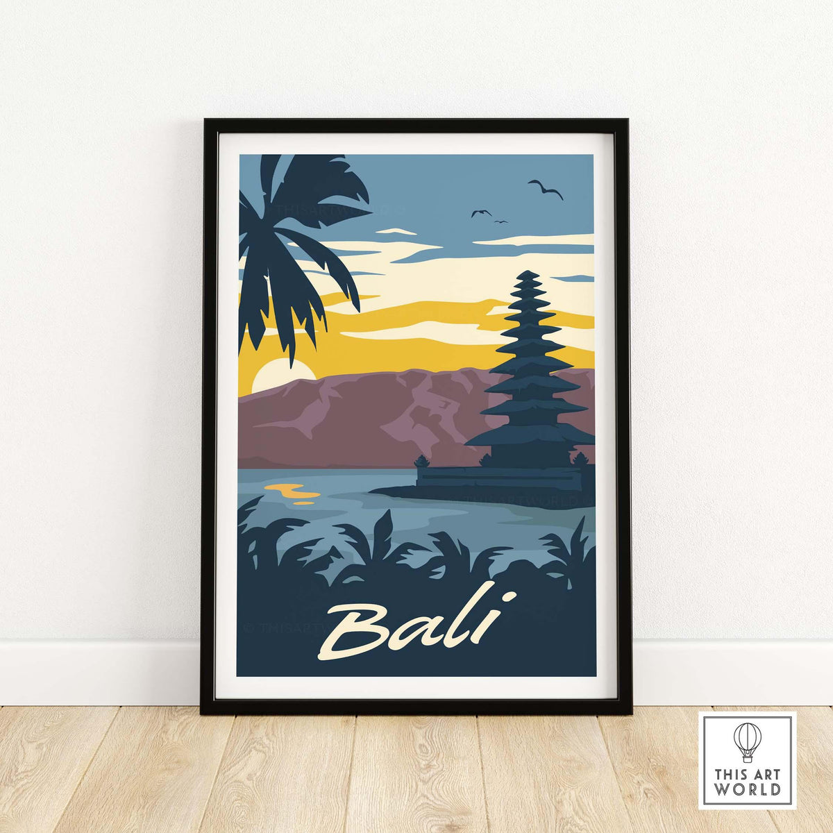 Bali poster wall art print featuring a serene landscape with palm trees and a traditional temple.