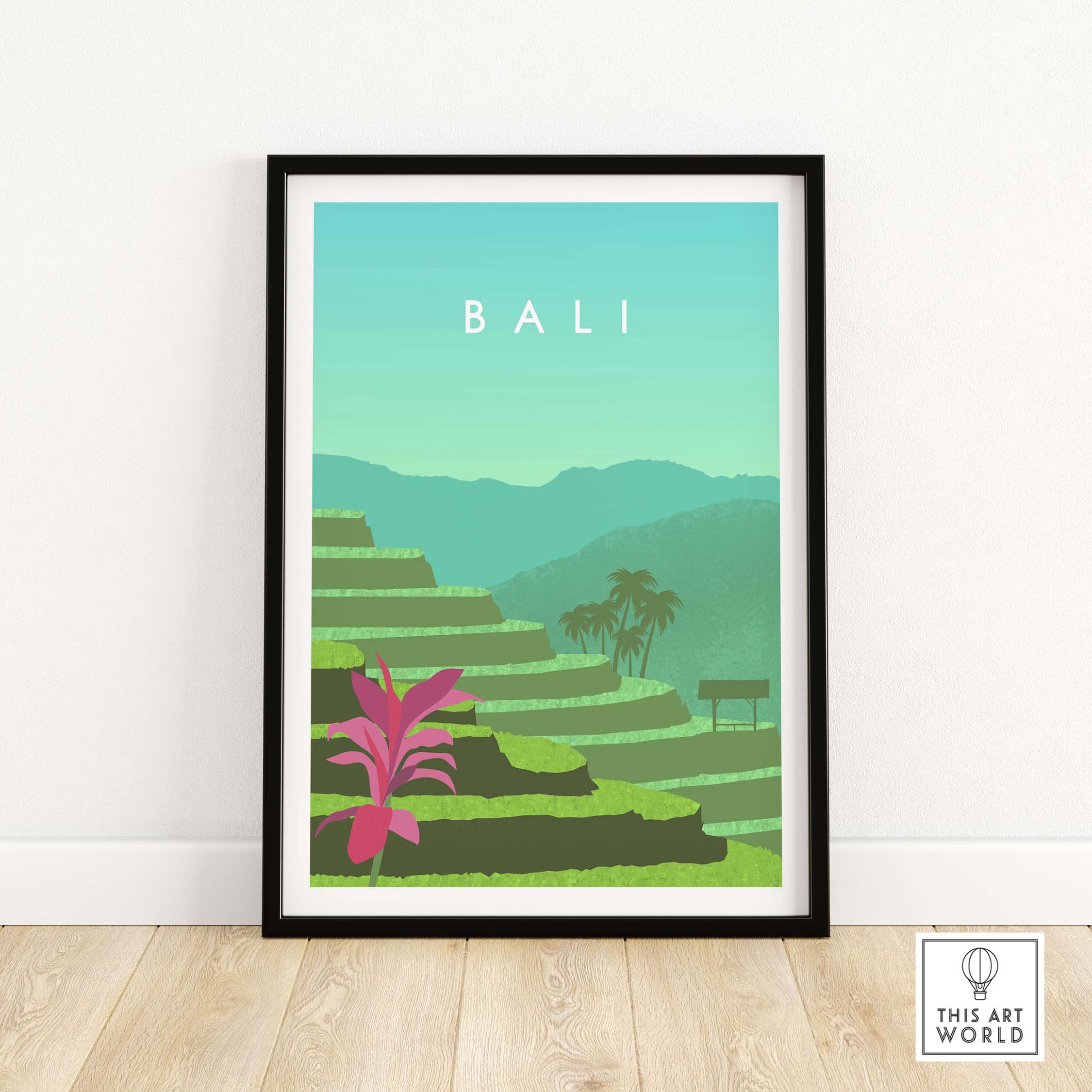 Bali Print Wall Art Poster featuring tropical terraces and vibrant flora in vintage style