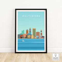 Baltimore Maryland print, minimalist vintage travel poster featuring the city skyline and harbor.
