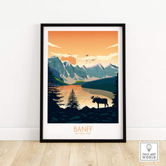 Banff National Park poster art print featuring mountains, lake, and wildlife, modern design for stylish home decor.