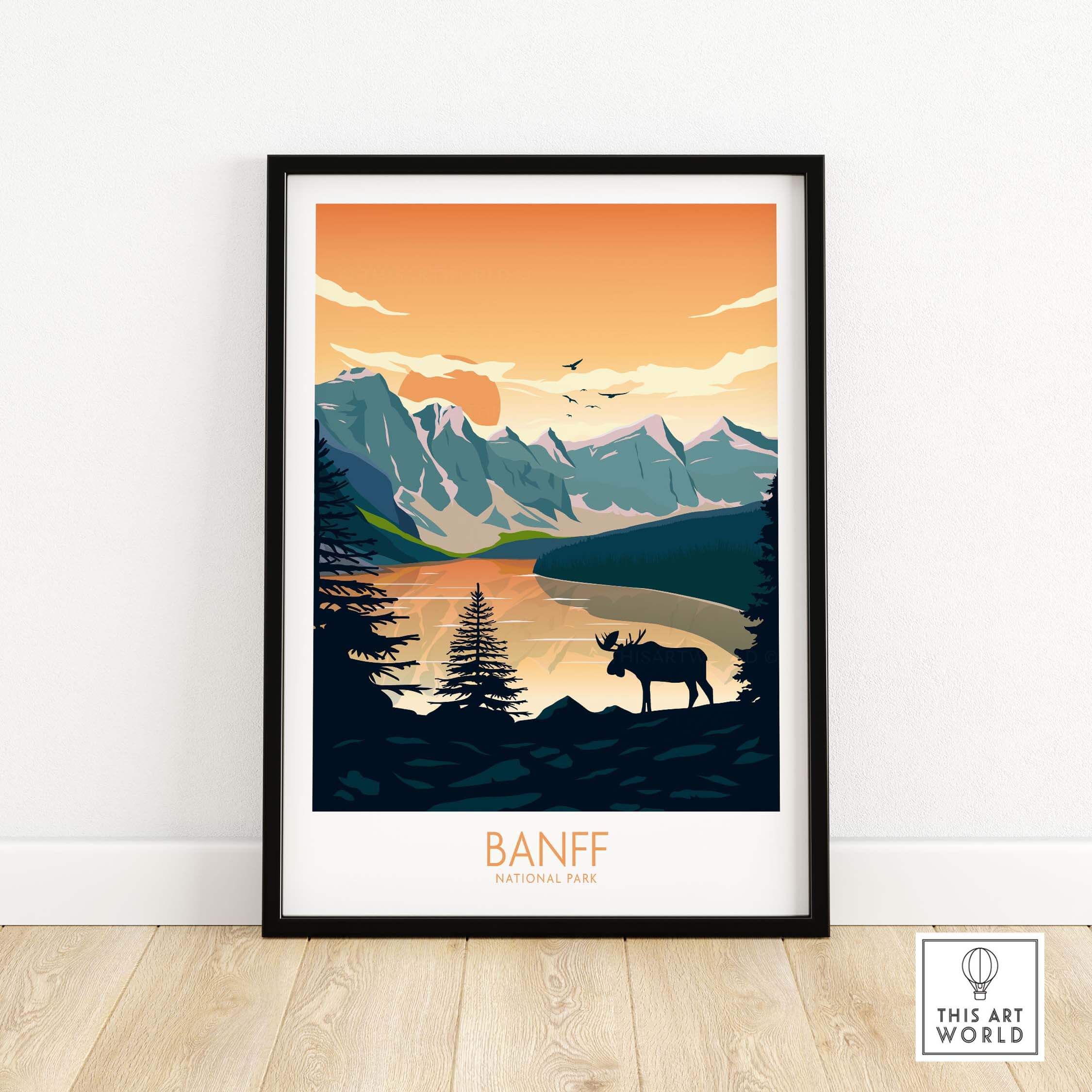 Banff National Park poster art print featuring mountains, lake, and wildlife, modern design for stylish home decor.