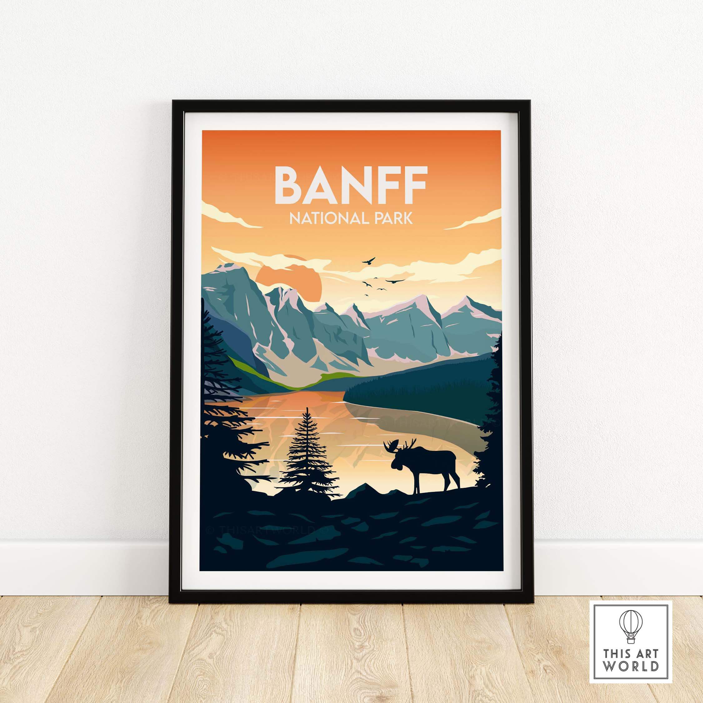 Banff National Park poster featuring mountains, lake, trees, and a moose in a minimalist design.
