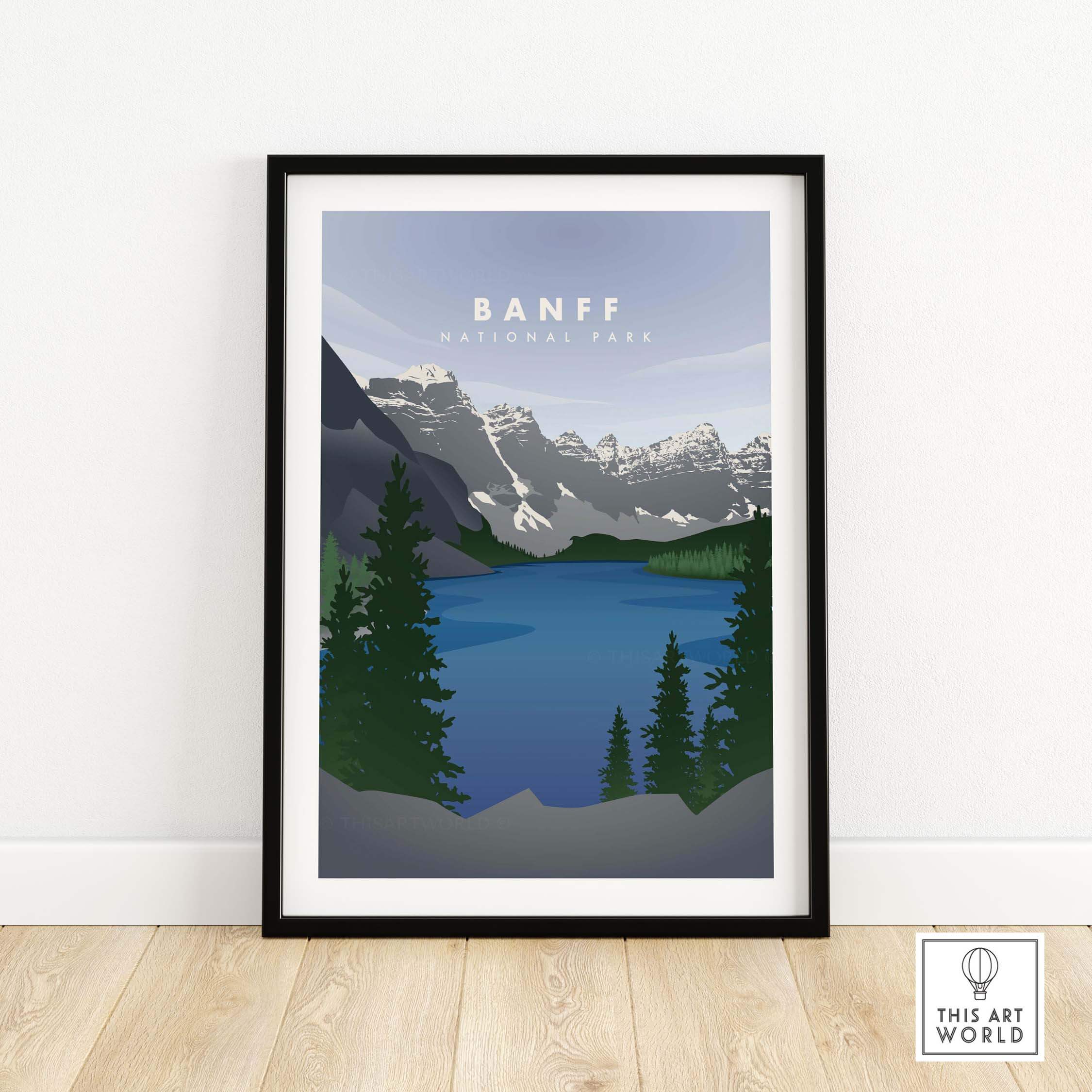 Framed Banff National Park art print featuring mountains, lake, and trees in a minimalist design.
