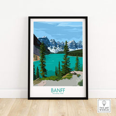 Framed Banff National Park poster featuring turquoise lake and mountains, perfect for wall art decor.