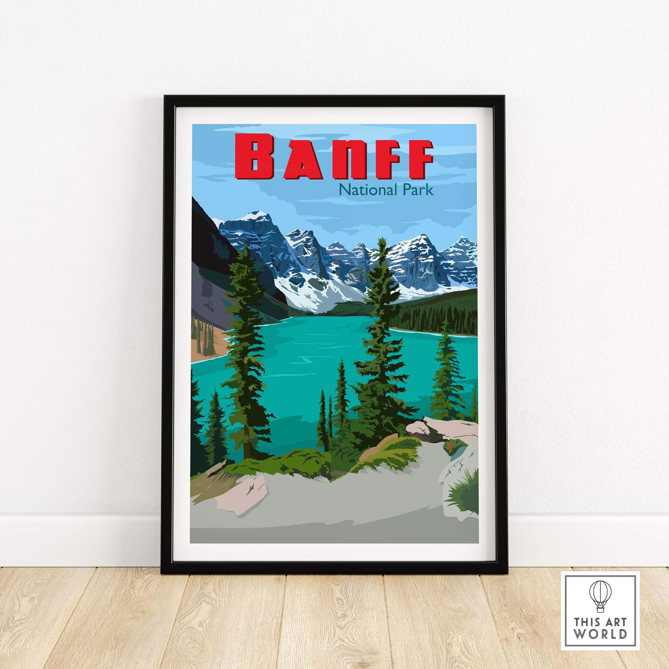Banff National Park poster featuring stunning mountain scenery and vibrant colors, perfect for travel enthusiasts and home decor.