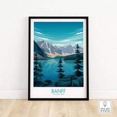 Framed Banff National Park print showcasing serene mountains and reflections in water, perfect for nature lovers.