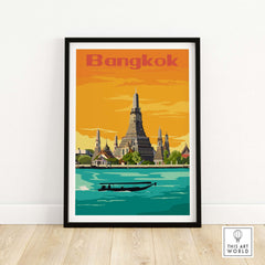Vintage Bangkok print poster wall art featuring iconic architecture and a boat on the river.