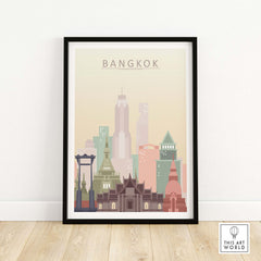 Bangkok skyline poster print showcasing iconic architecture in warm pastel tones, framed for stylish wall decor.