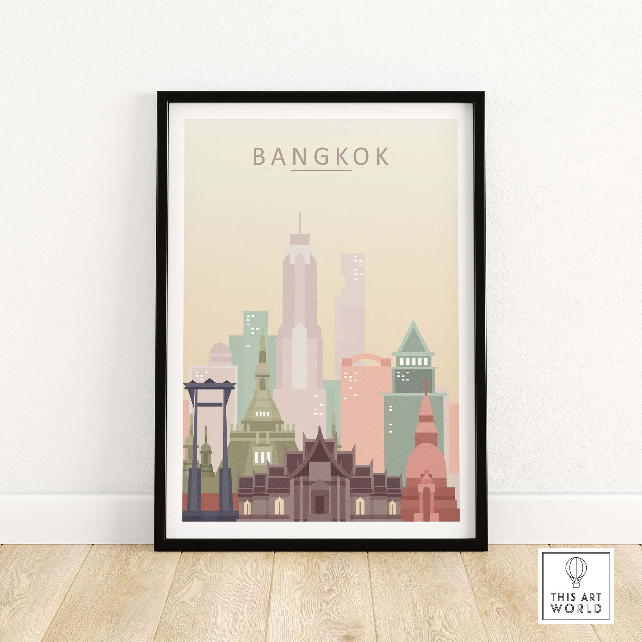 Bangkok skyline poster print showcasing iconic architecture in warm pastel tones, framed for stylish wall decor.