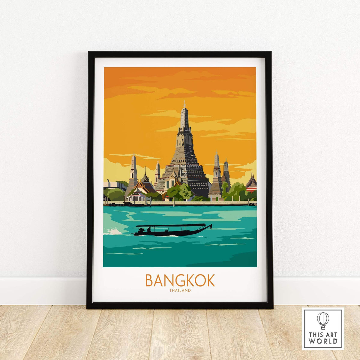Bangkok travel poster featuring iconic temple and boat, vibrant colors, perfect for home or office decor.