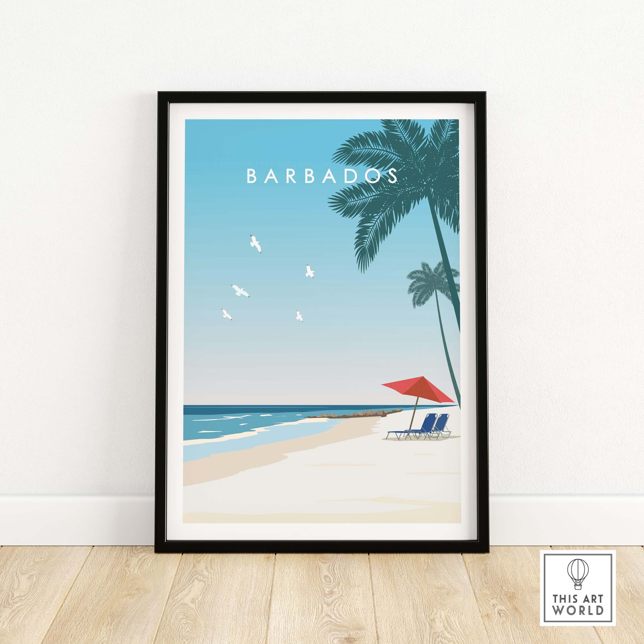 Barbados poster featuring a beach scene with palm trees, lounge chairs, and a vibrant sky, perfect for travel enthusiasts.