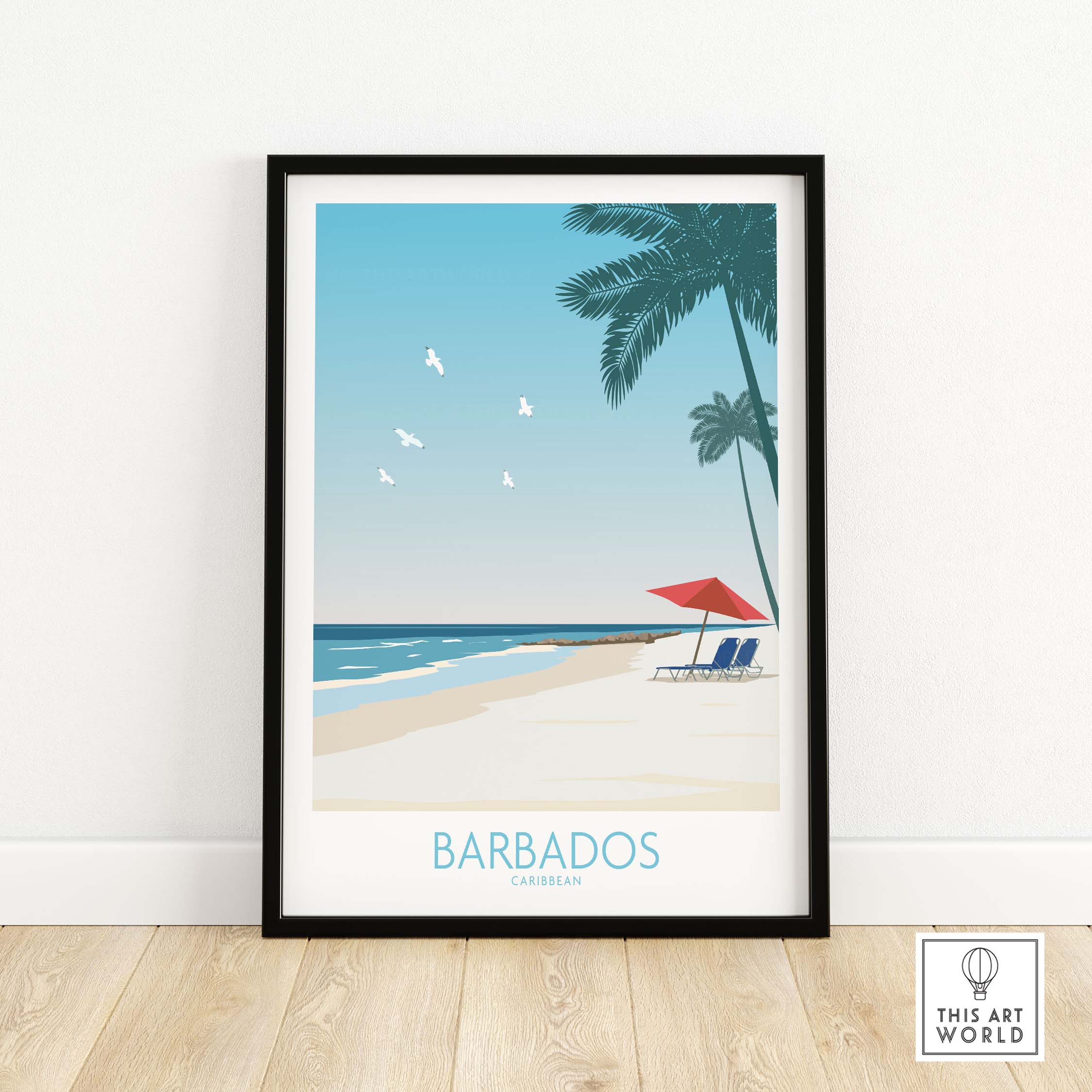 Framed Barbados travel print featuring beach, palm tree, and blue skies, evoking wanderlust and vintage charm.