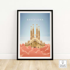 Barcelona wall art poster print featuring a vintage-inspired design of Sagrada Familia. Ideal for home or office décor.