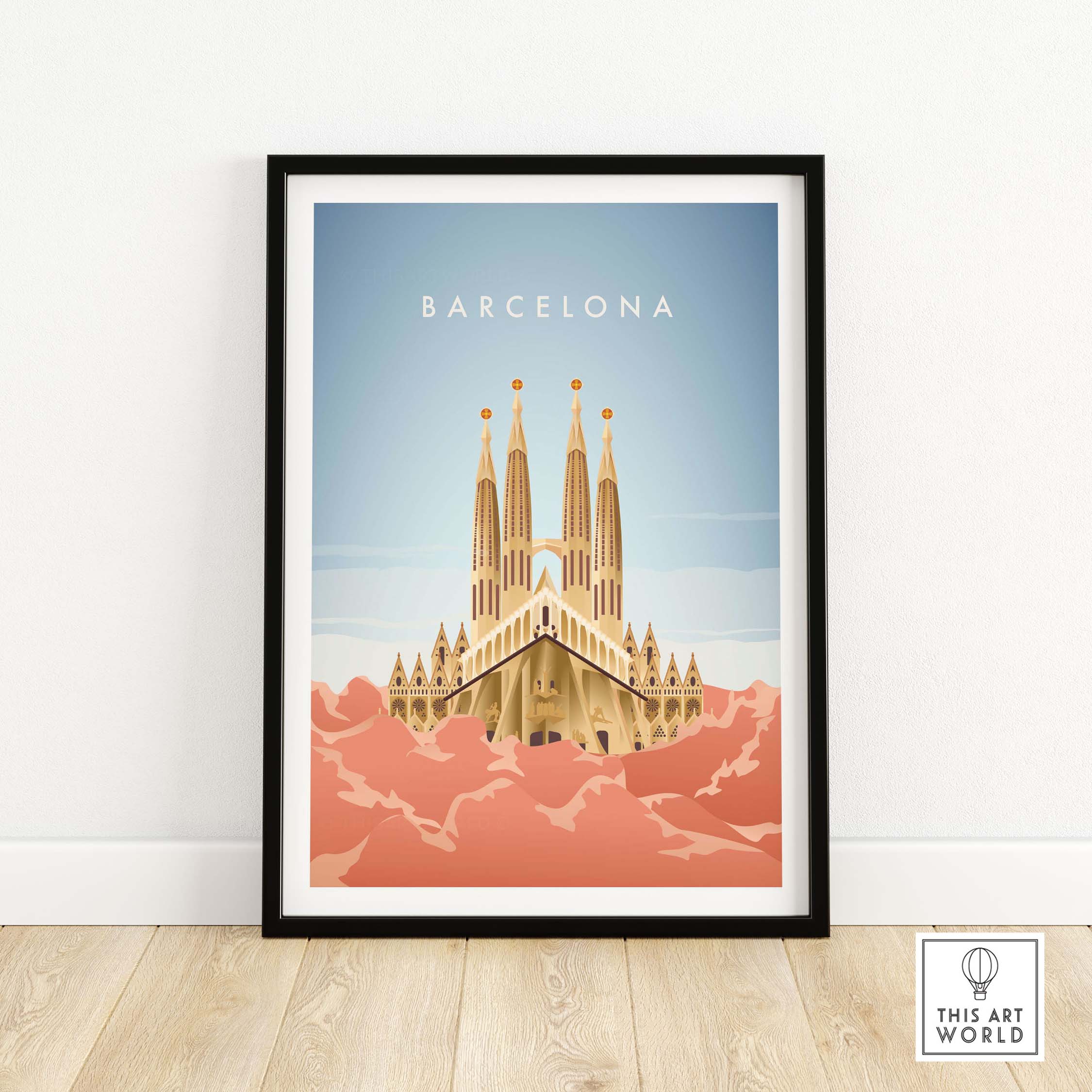 Barcelona wall art poster print featuring a vintage-inspired design of Sagrada Familia. Ideal for home or office décor.