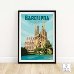 Vintage Barcelona print poster featuring the iconic Sagrada Familia, framed wall art for travel enthusiasts.