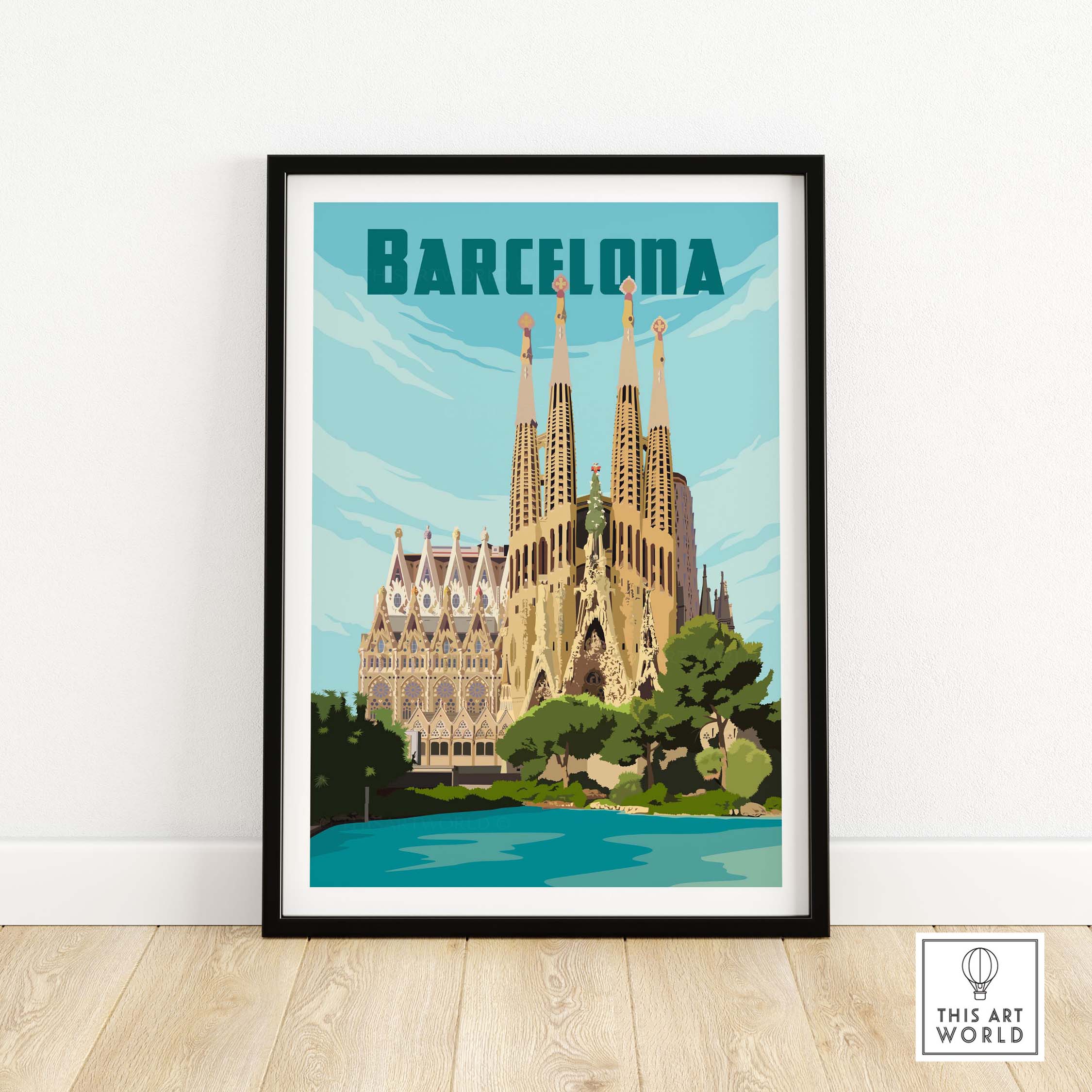 Vintage Barcelona print poster featuring the iconic Sagrada Familia, framed wall art for travel enthusiasts.
