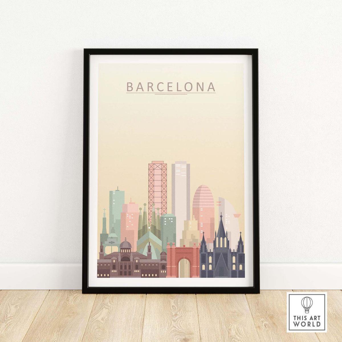 Barcelona skyline print wall art featuring iconic buildings and pastel tones, perfect for home decor.