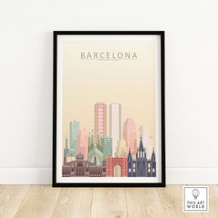 Barcelona skyline print wall art featuring iconic buildings and pastel tones, perfect for home decor.